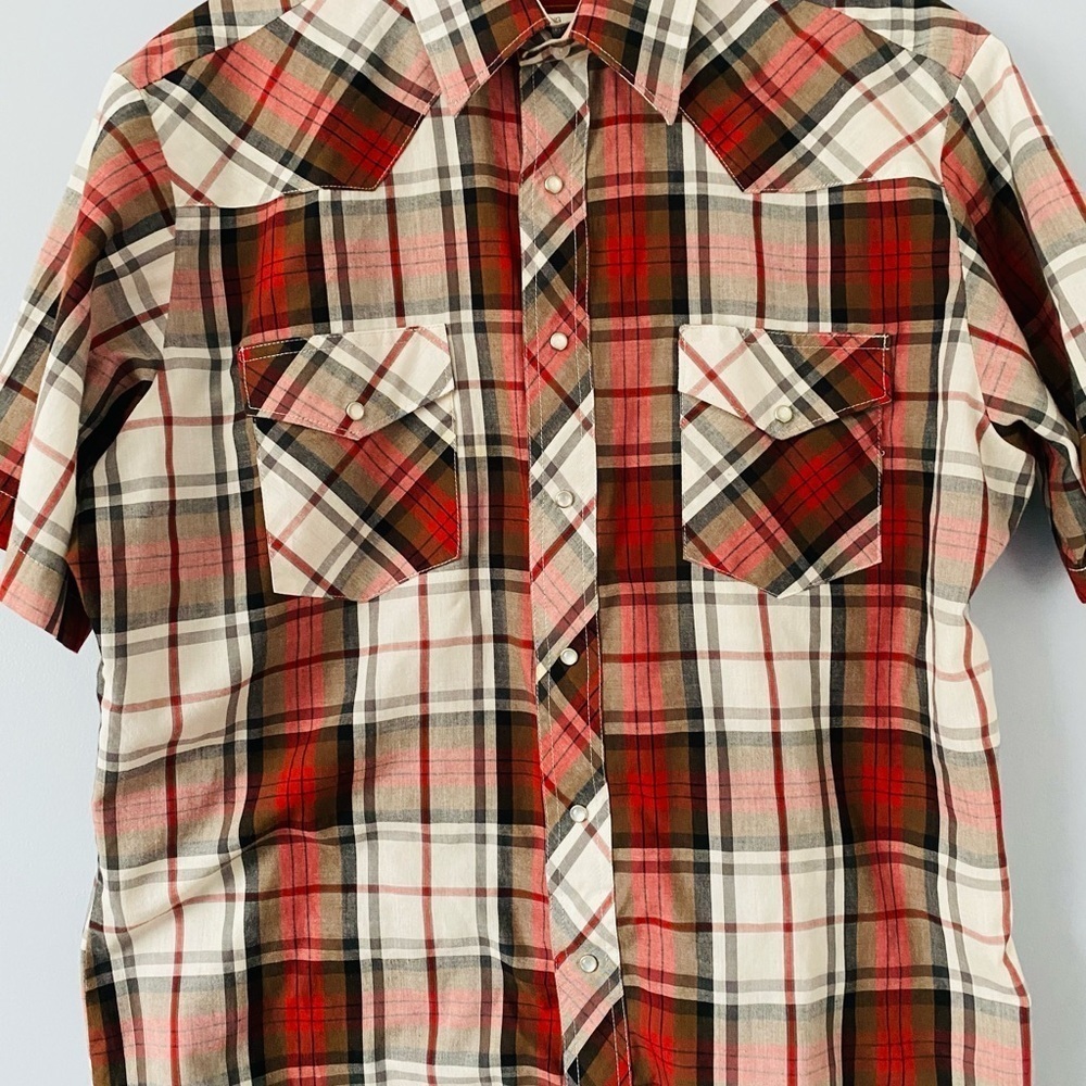 Rustler X-Long Tails Western Pearl Snap Red Plaid Short Sleeve Shirt Mens Large - Picture 9 of 10